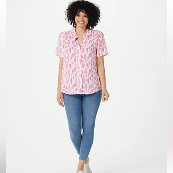 NWT Denim & Co Printed Short-Sleeve Camp Shirt in Bright Navy, Size M - Picture 4 of 8